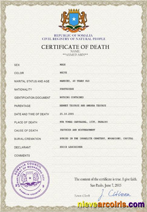 Professional Somalia Vital Record Death Certificate PSD Template