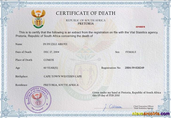 Premium South Africa Death Certificate PSD Template