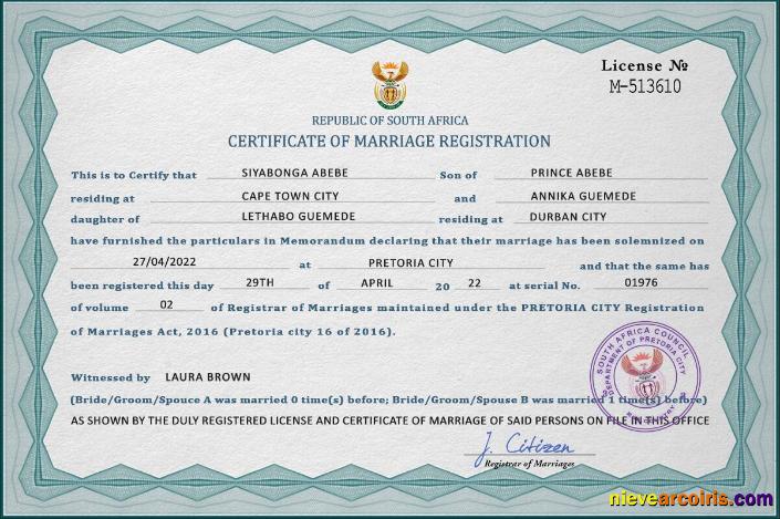 Premium South Africa Marriage Certificate PSD Template, Completely Editable