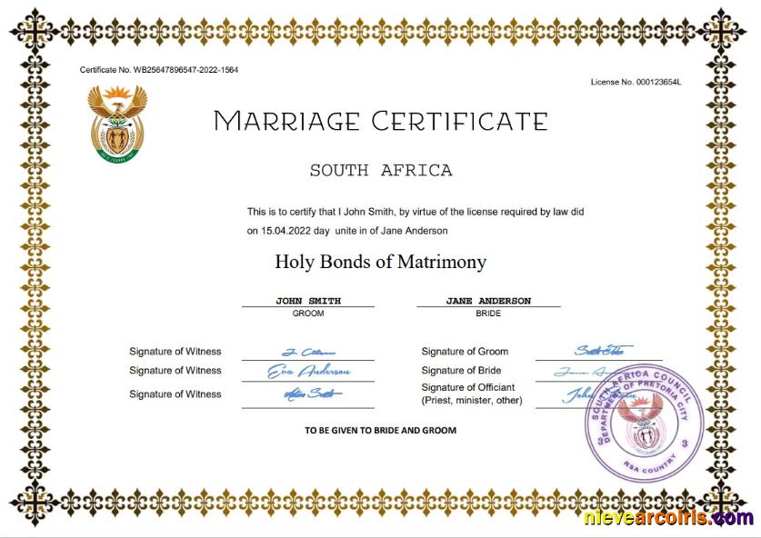 Premium South Africa Marriage Certificate Word And PDF Template