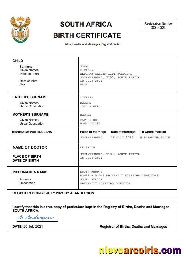 Editable South Africa Vital Record Birth Certificate Word And PDF Template