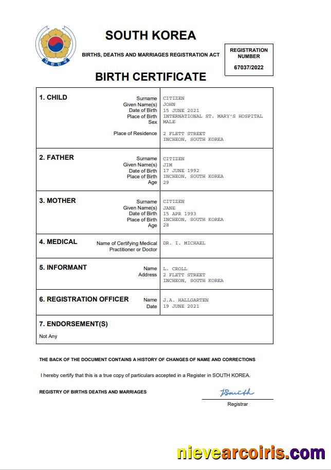 Realistic South Korea Birth Certificate Word And PDF Template
