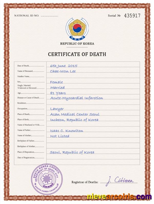 Editable South Korea Vital Record Death Certificate PSD Template