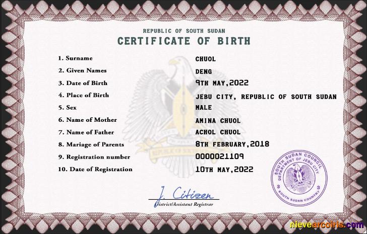 Premium South Sudan Birth Certificate PSD Template