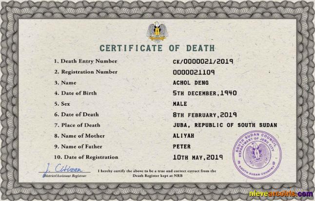 Professional South Sudan Death Certificate PSD Template