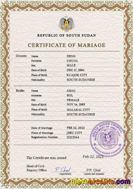 Premium South Sudan Marriage Certificate PSD Template