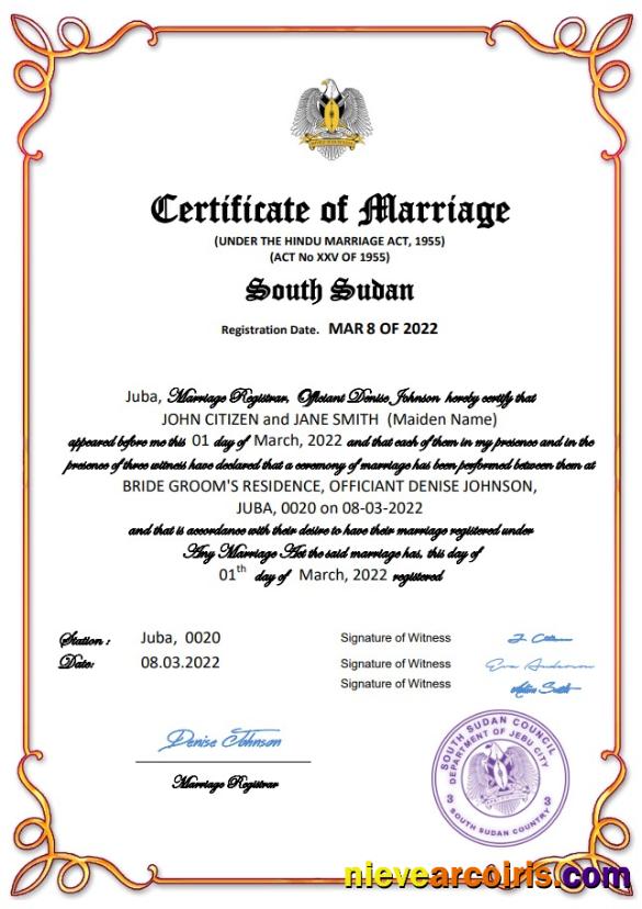 Editable South Sudan Marriage Certificate Word And PDF Template