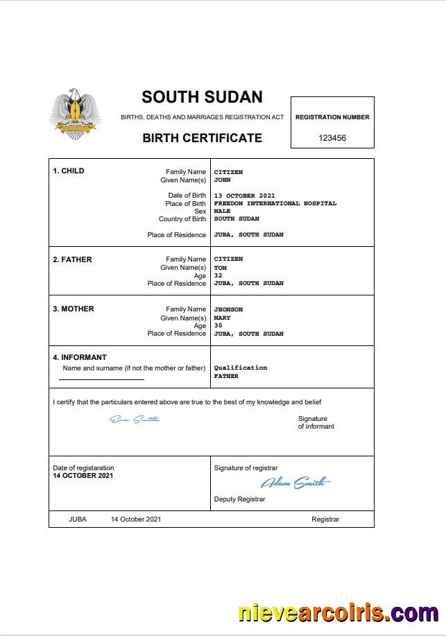 Editable South Sudan Vital Record Birth Certificate Word And PDF Template