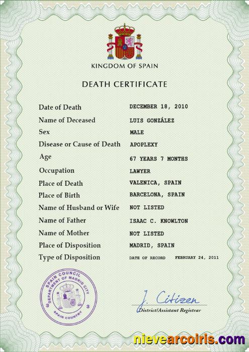 Premium Spain Death Certificate PSD Template