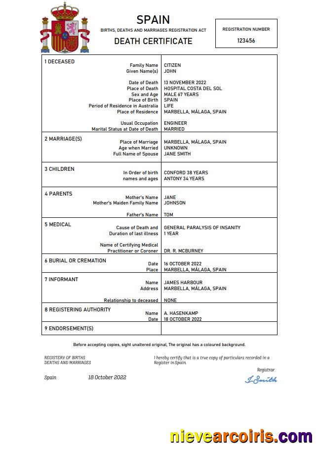 Editable Spain Death Certificate Word And PDF Template