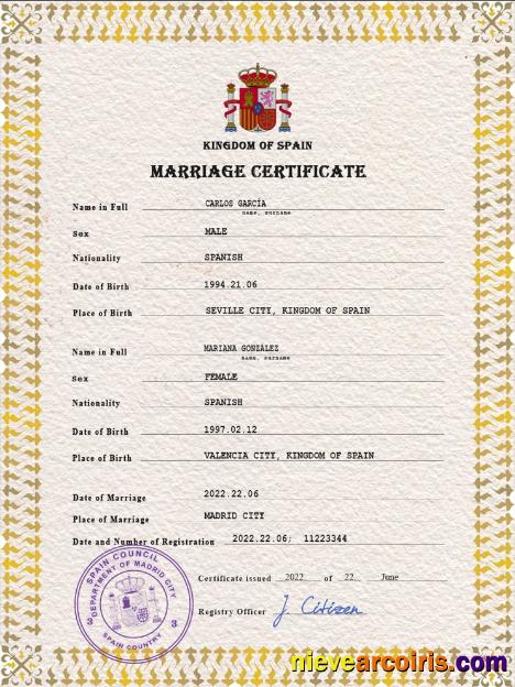 Editable Spain Marriage Certificate PSD Template