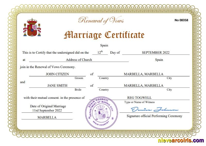 Editable Spain Marriage Certificate Word And PDF Template