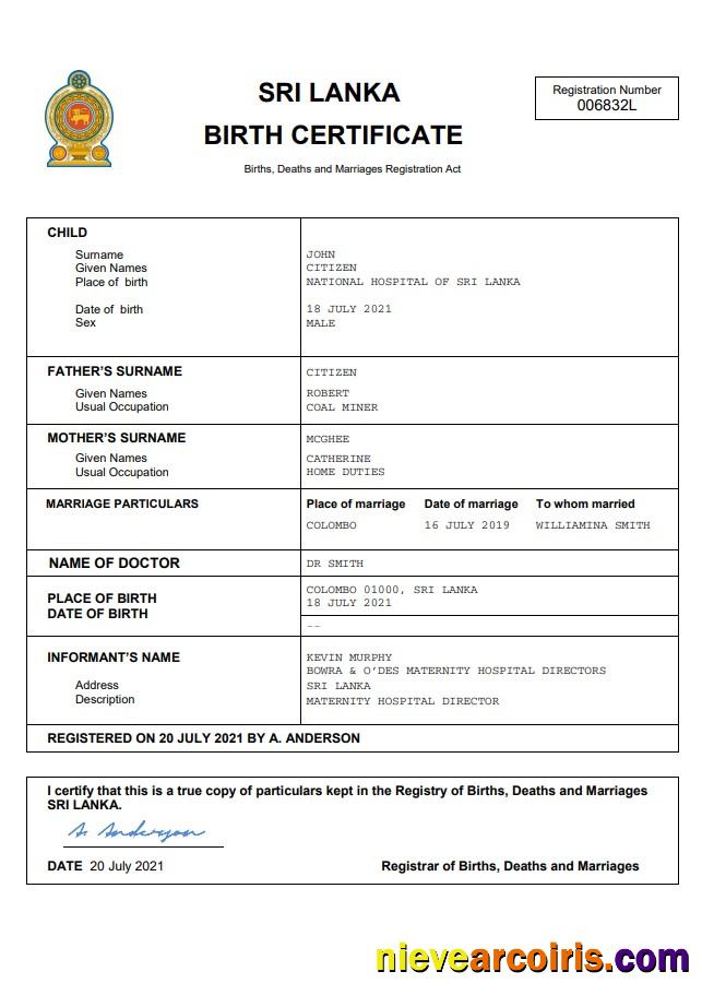 Editable Sri Lanka Vital Record Birth Certificate Word And PDF Template