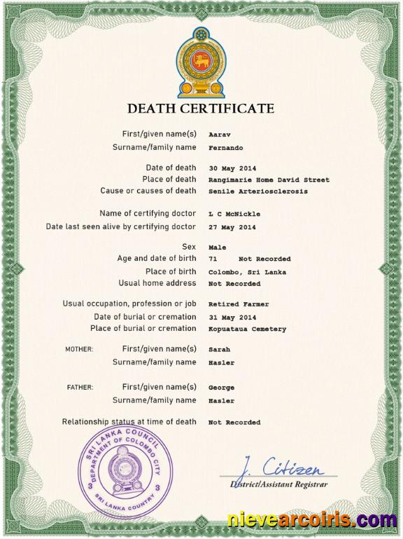 Premium Sri Lanka Vital Record Death Certificate PSD Template