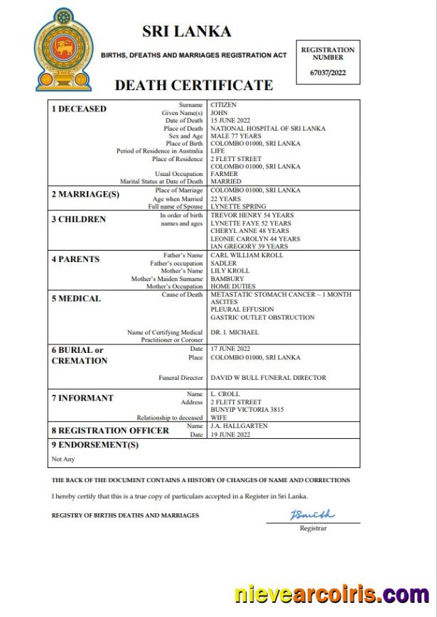 Realistic Sri Lanka Vital Record Death Certificate Word And PDF Template