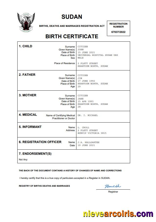 Professional Sudan Birth Certificate Word And PDF Template