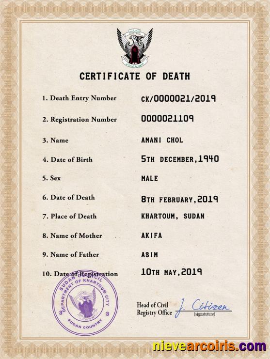 Professional Sudan Death Certificate PSD Template