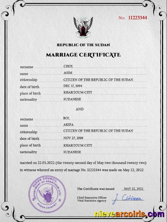 Realistic Sudan Marriage Certificate PSD Template