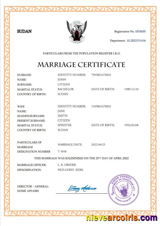 Professional Sudan Marriage Certificate Word And PDF Template