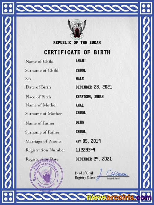 Professional Sudan Vital Record Birth Certificate PSD Template