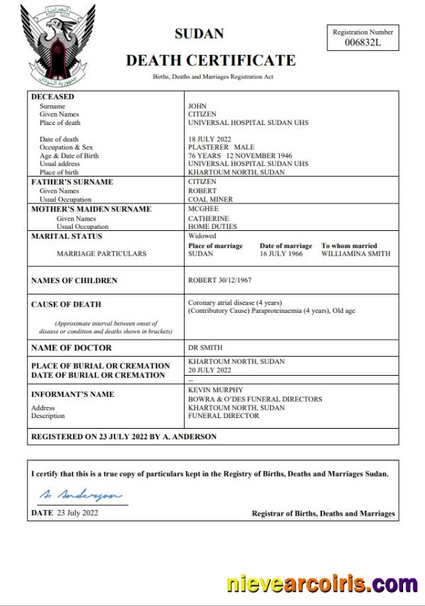 Premium Sudan Vital Record Death Certificate Word And PDF Template