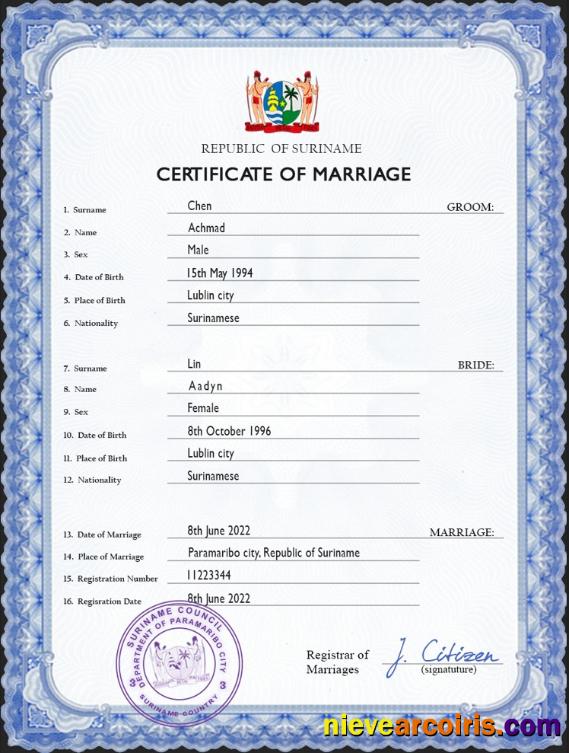 Premium Suriname Marriage Certificate PSD Template