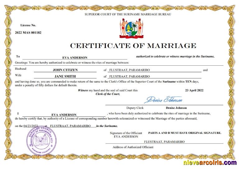 Premium Suriname Marriage Certificate Word And PDF Template
