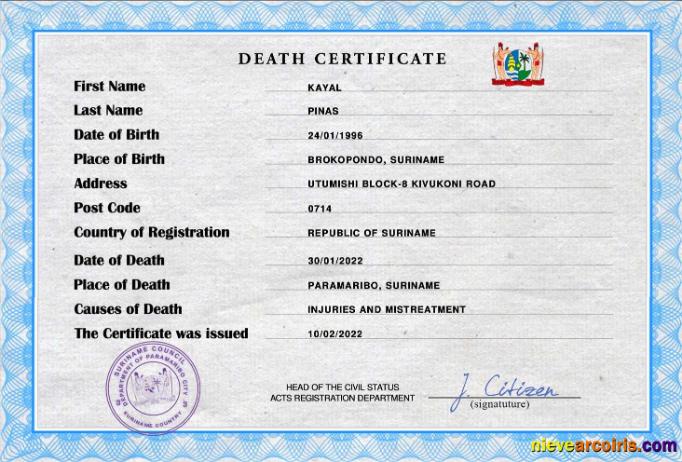 Premium Suriname Vital Record Death Certificate PSD Template