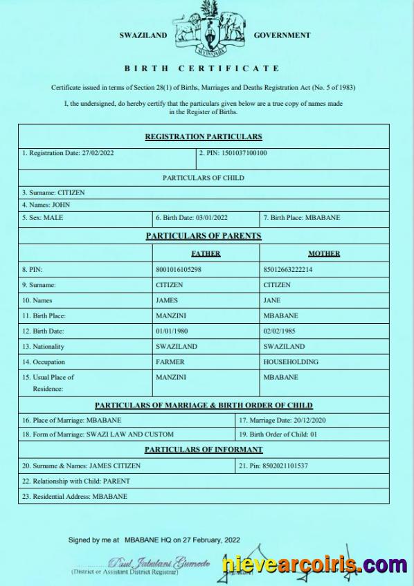 Professional Swaziland Birth Certificate Template In Word And PDF FormatSwaziland Birth Certificate Template In Word And PDF Format