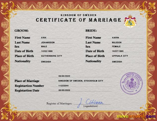 Realistic Sweden Marriage Certificate PSD Template