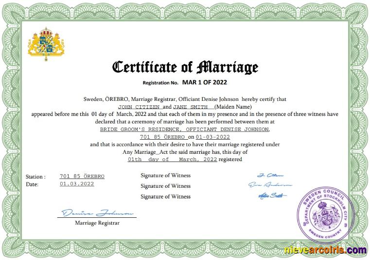 Premium Sweden Marriage Certificate Word And PDF Template