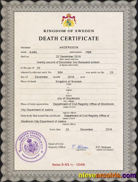 Premium Sweden Vital Record Death Certificate PSD Template