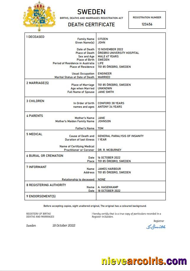 Realistic Sweden Vital Record Death Certificate Word And PDF Template