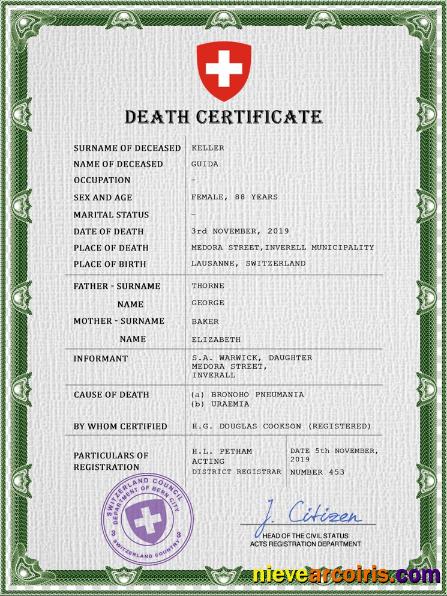 Editable Switzerland Death Certificate PSD Template