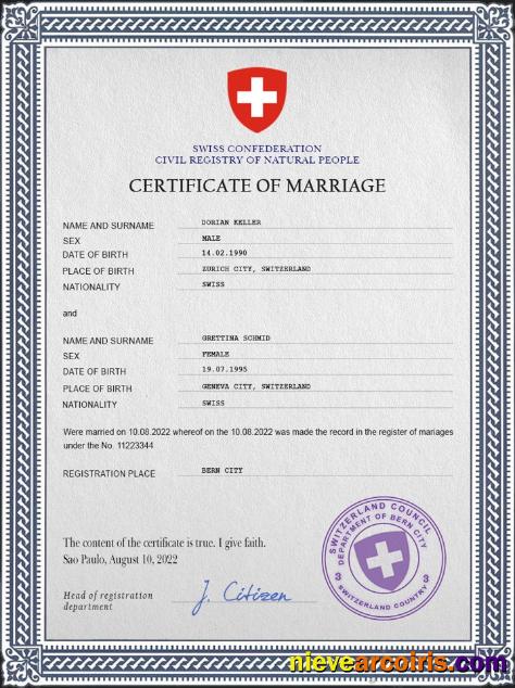 Realistic Switzerland Marriage Certificate PSD Template
