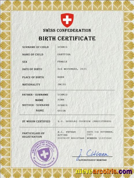 Editable Switzerland Vital Record Birth Certificate PSD Template