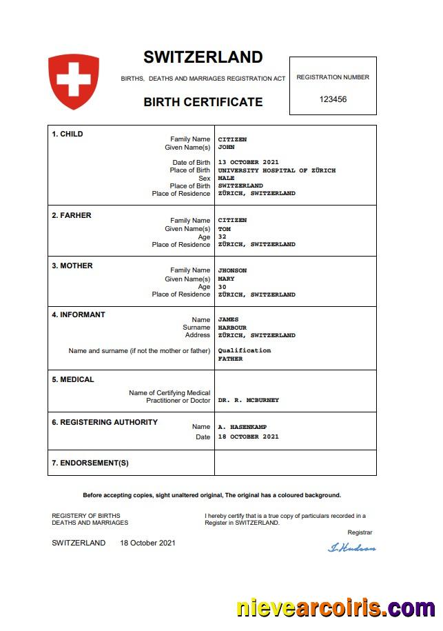 Editable Switzerland Vital Record Birth Certificate Word And PDF Template