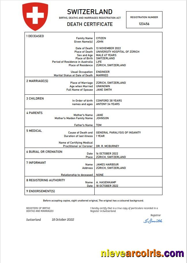 Premium Switzerland Vital Record Death Certificate Word And PDF Template