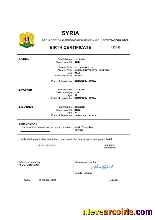 Premium Syria Birth Certificate Word And PDF Template