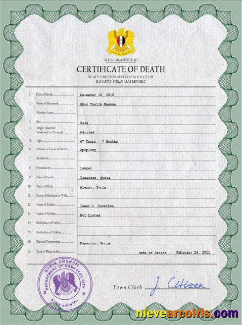 Realistic Syria Vital Record Death Certificate PSD Template