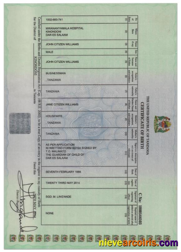 TANZANIA Birth Cert, Version 2 Photolook