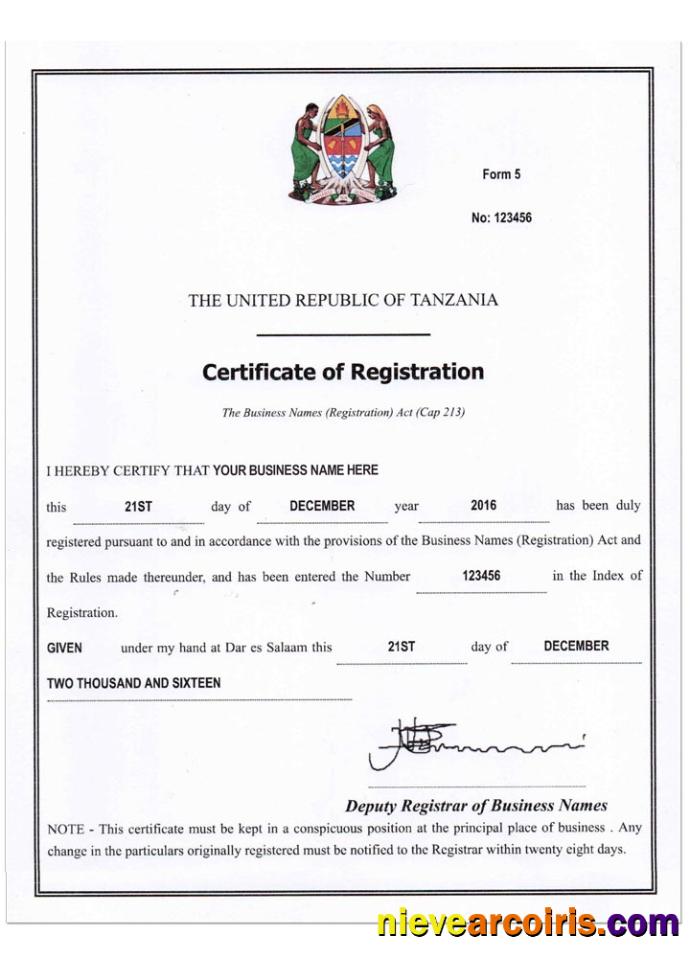 TANZANIA Business Reg. Cert Template