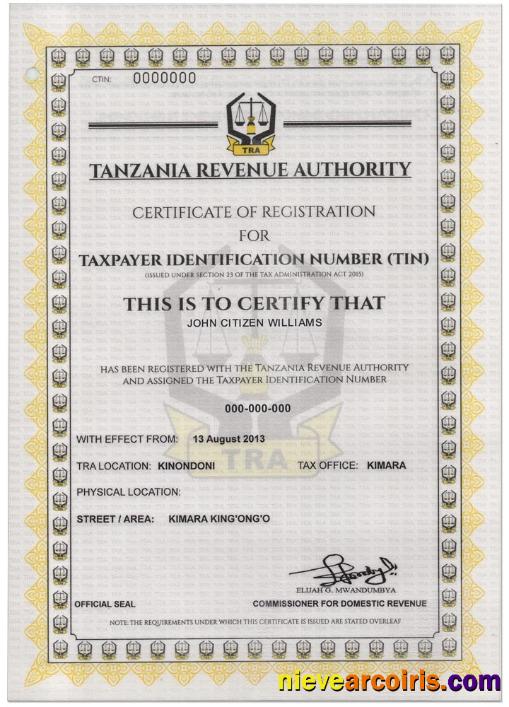 TANZANIA Taxpayer Identification Number (TIN) Registration Certificate Template