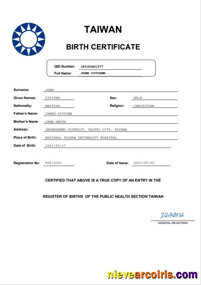 Taiwan Birth Certificate In Word And PDF Format Sample