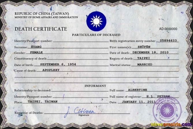 Professional Taiwan Death Certificate PSD Template