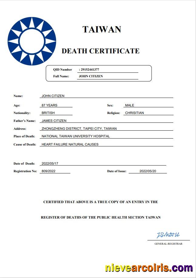 Professional Taiwan Death Certificate Word And PDF Template