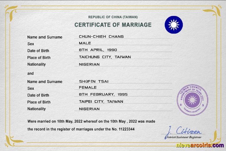 Premium Taiwan Marriage Certificate PSD Template