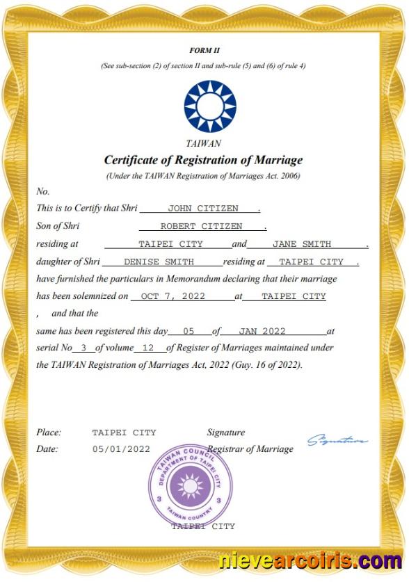 Editable Taiwan Marriage Certificate Word And PDF Template