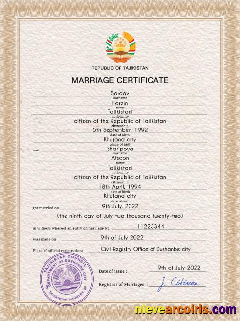 Realistic Tajikistan Marriage Certificate PSD Template