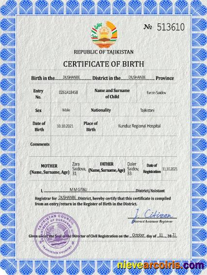 Professional Tajikistan Vital Record Birth Certificate PSD Template
